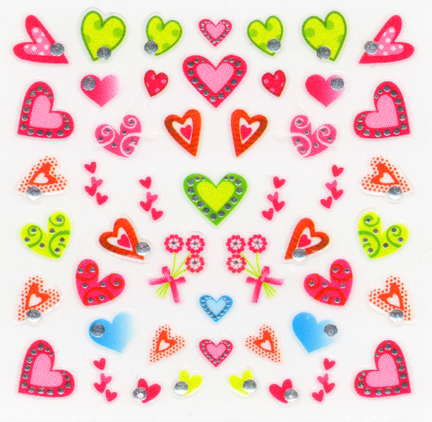 Colorful heart-shaped stickers on a white background