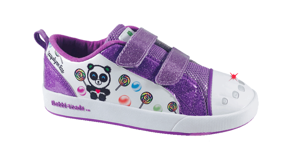 light up shoes fro kids with panda, purple, whote and lollipop designs