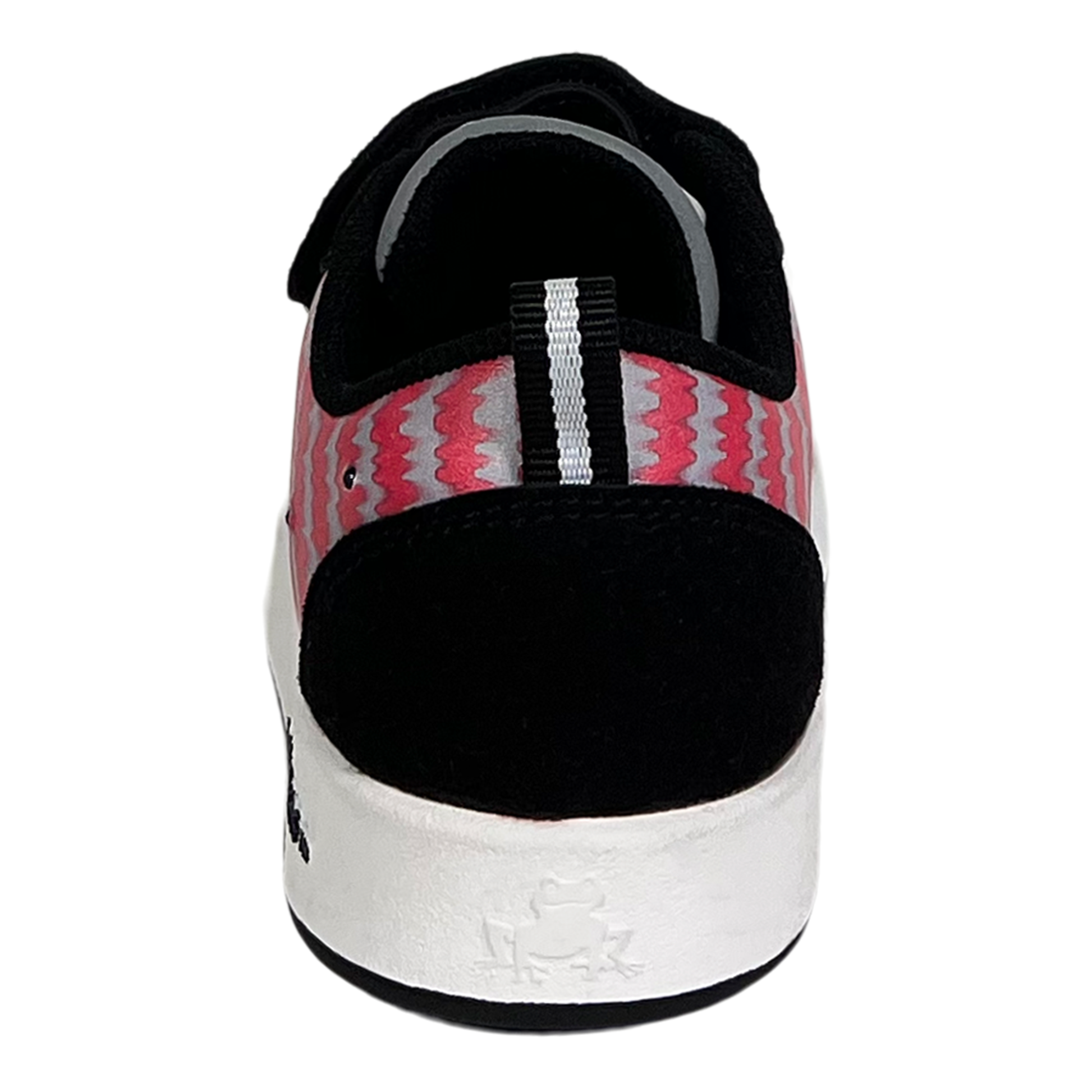 Sneaker with black, white, and pink pattern on a white background